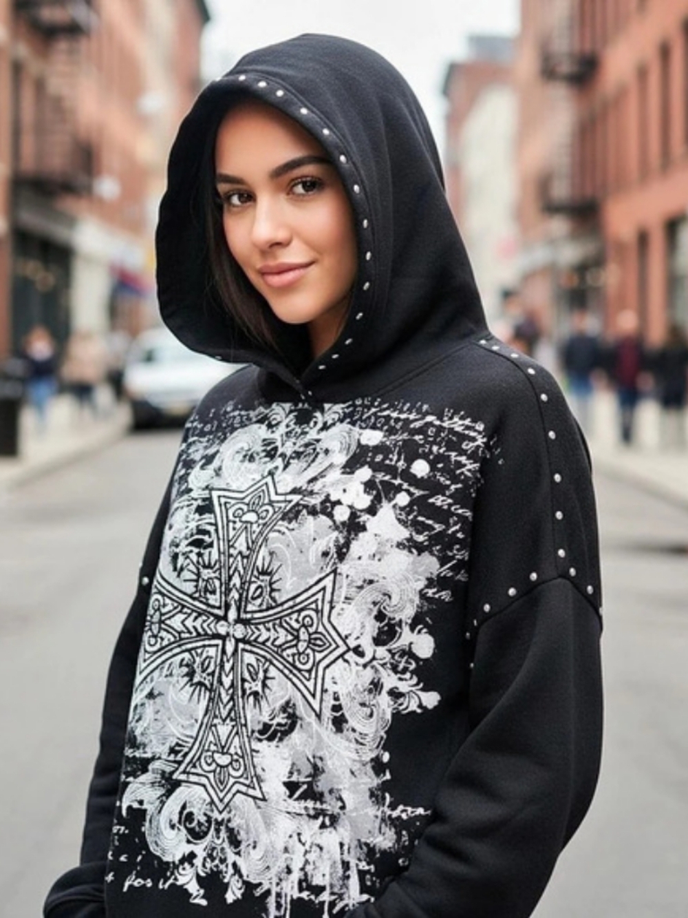 Graphic Studded Hoodie Size Medium NWT